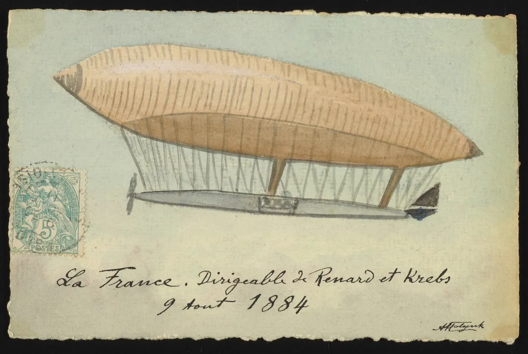 An artist's depiction of the La France airship