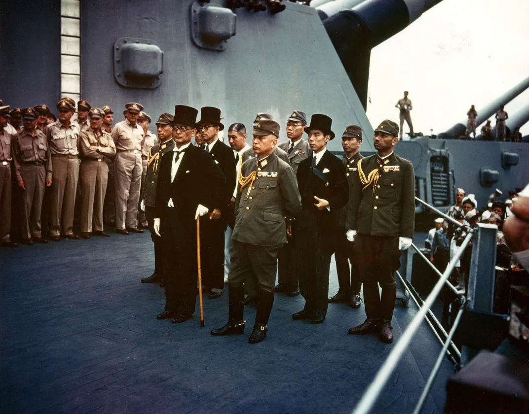 Japanese representatives on board the USS Missouri during the September 2, 1945, surrender ceremony
